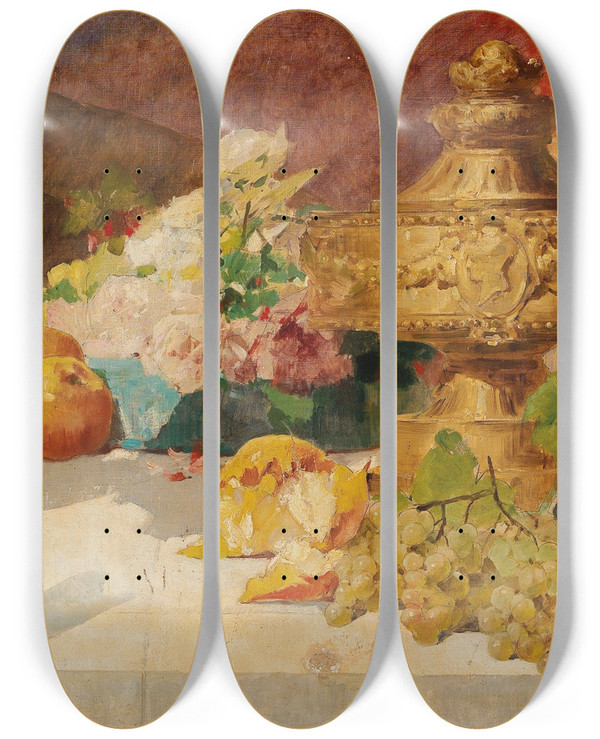 Triptych art skateboard deck of Georges Jeannin Large Still Life With Fruit by Georges Jeannin (1841-1925)