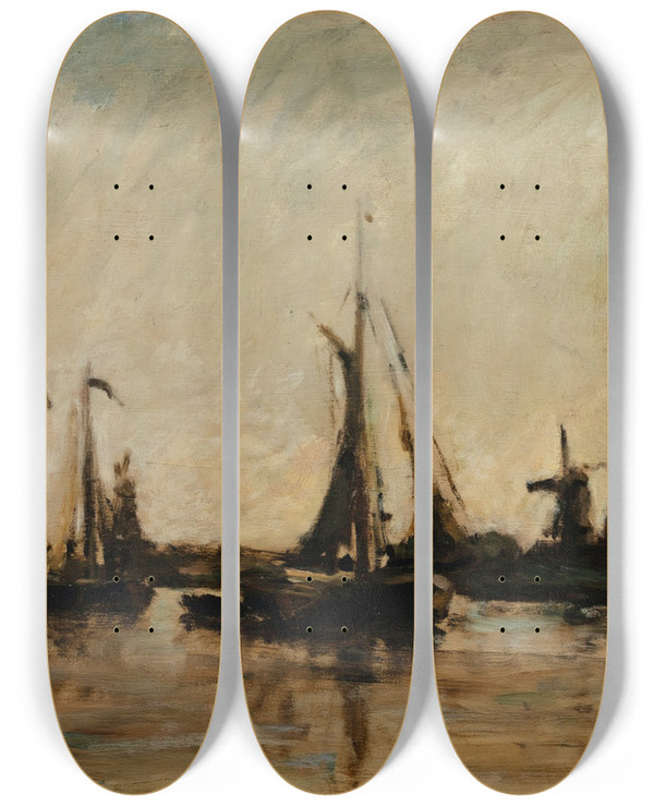 Triptych art skateboard deck of Charles Franois Daubigny Landscape With A Canal In Holland by Charles Francois Daubigny (1817-1878)