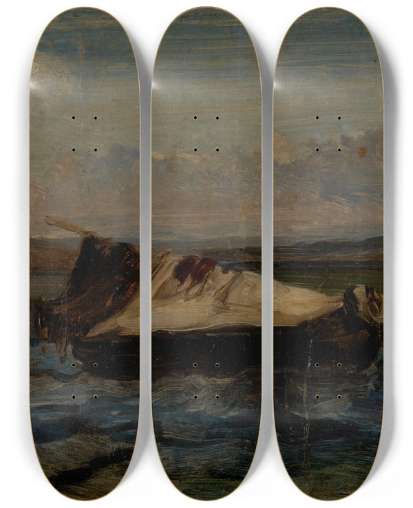 Triptych art skateboard deck of Eugne Isabey Small Boat by Eugene Isabey (1803-1886)