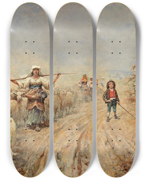 Triptych art skateboard deck of Rafael Senet Y Perez Heimkehr Der Herde by Rafael Senet Y Perez (1856-1926)