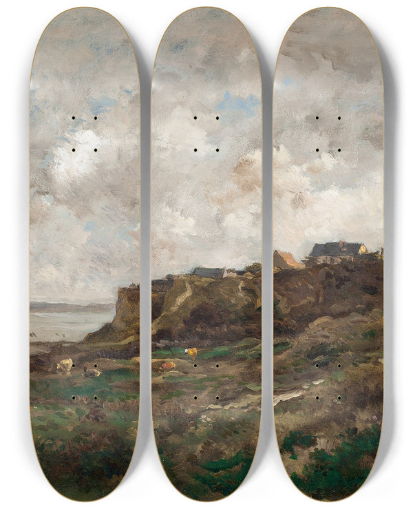 Triptych art skateboard deck of Charles Franois Daubigny Low Tide At Villerville by Charles Francois Daubigny (1817-1878)