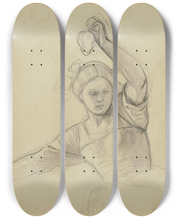 Triptych art skateboard deck of Jakob Becker Grape Picker Female_4 by Jakob Becker (1810-1872)