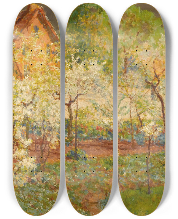 Triptych art skateboard deck of Mary Macmonnies Low Giverny Orchard by Mary Macmonnies Low (1858-1946)
