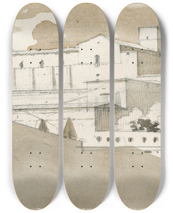 Triptych art skateboard deck of David Humbert De Superville Gebouwencomplex by David Humbert De Superville (1770-1849)