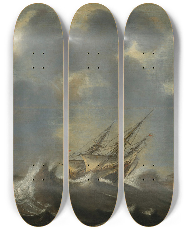 Triptych art skateboard deck of Jan Porcellis Ships In A Storm by Jan Porcellis (1584-1632)