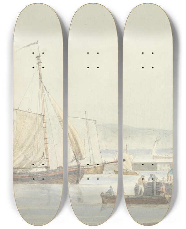 Triptych art skateboard deck of Dominic Serres Harbor Scene by Dominic Serres (1722-1793)