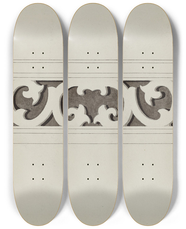 Triptych art skateboard deck of Margaret Gordon Scroll Work by Margaret Gordon