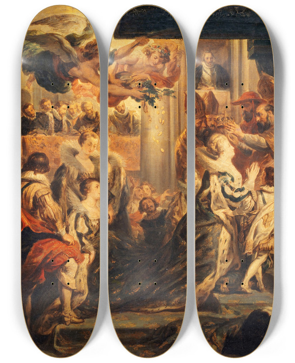 Triptych art skateboard deck of Peter Paul Rubens The Coronation Of Marie De Mdicis May 13 1610 by Peter Paul Rubens (1577-1640)