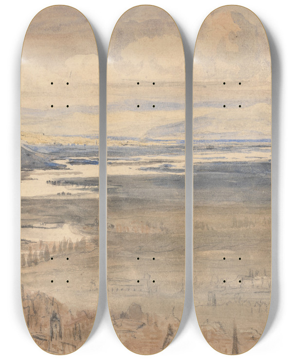 Triptych art skateboard deck of William Ellis A River Scene by William Ellis