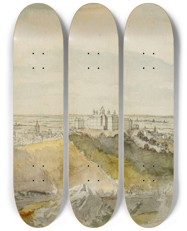 Triptych art skateboard deck of Caspar Wolf Blick Ber Bensberg Mit Dem Neuen Schloss In Die Rheinebene by Caspar Wolf (1735-1783)