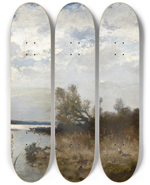 Triptych art skateboard deck of Fritz Halbergkrauss An Der Amper by Fritz Halberg Krauss (1874-1951)