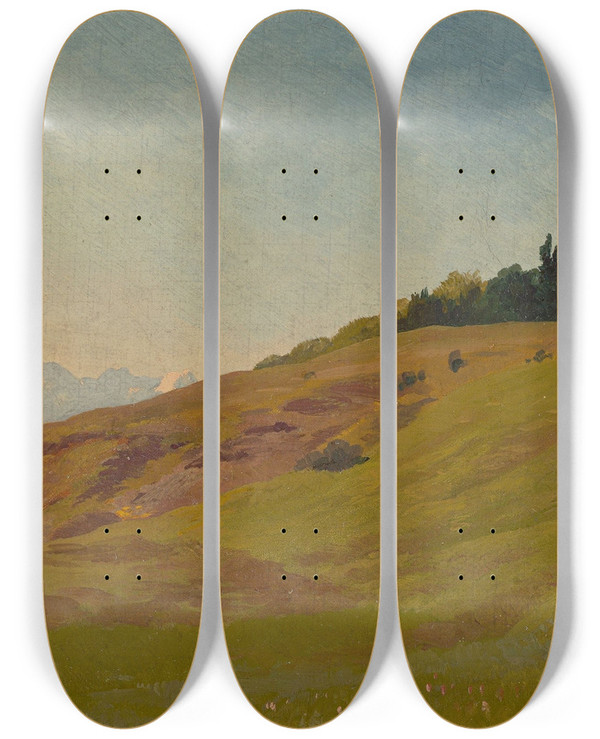Triptych art skateboard deck of Viktor Paul Mohn Voralpenlandschaft by Viktor Paul Mohn (1842-1911)