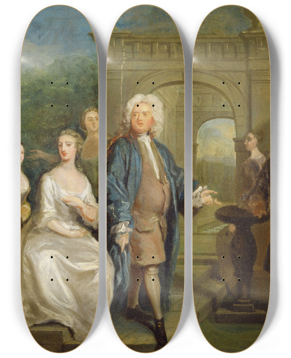 Triptych art skateboard deck of Joseph Highmore A Family Conversation Piece by Joseph Highmore (1692-1780)