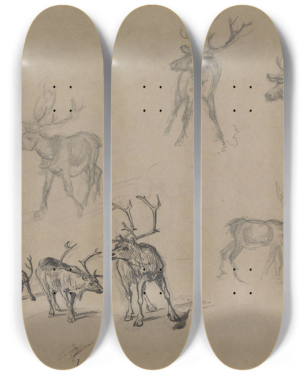 Triptych art skateboard deck of Adolph Tidemand Reinsdyr by Adolph Tidemand (1814-1876)