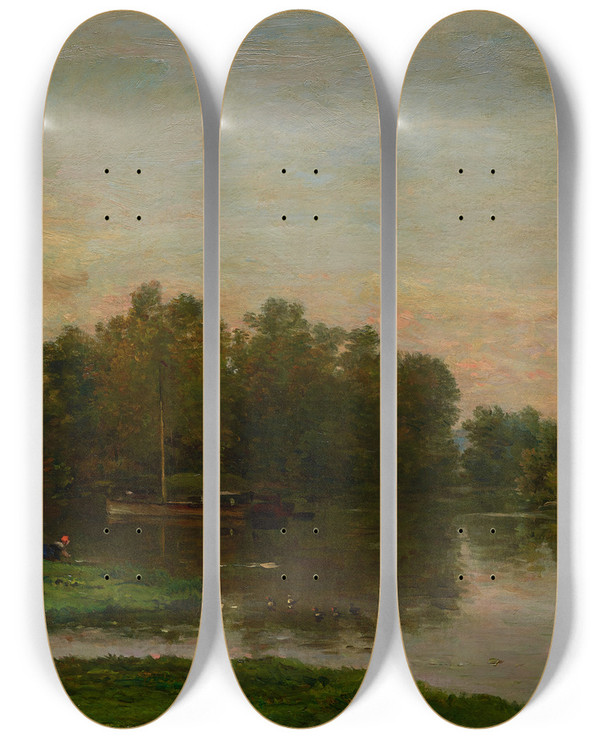 Triptych art skateboard deck of Charles Franois Daubigny The Painters Barge At The Ile De Vaux On The Oise River by Charles Francois Daubigny (1817-1878)