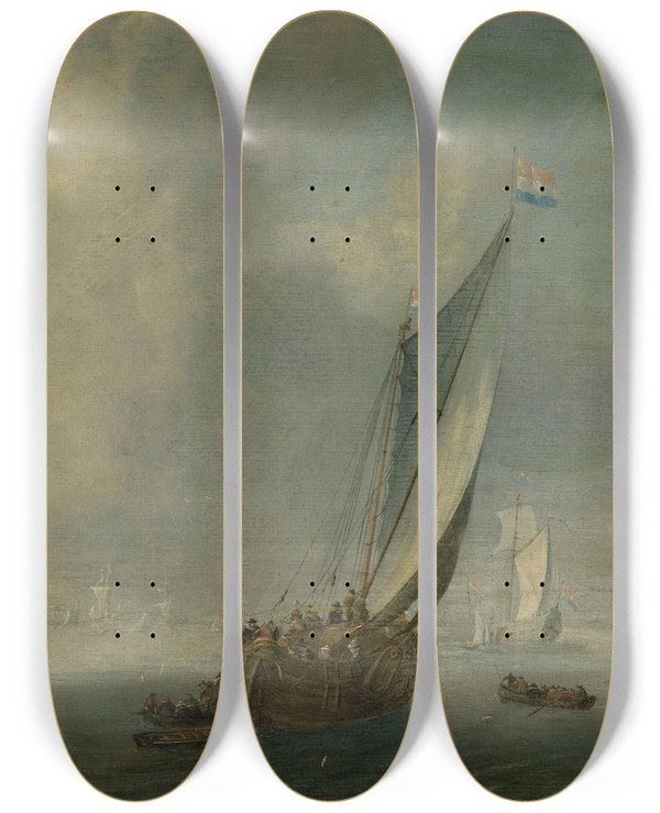 Triptych art skateboard deck of Abraham De Verwer Marine View With A Port In The Background by Abraham de Verwer (1585-1650)