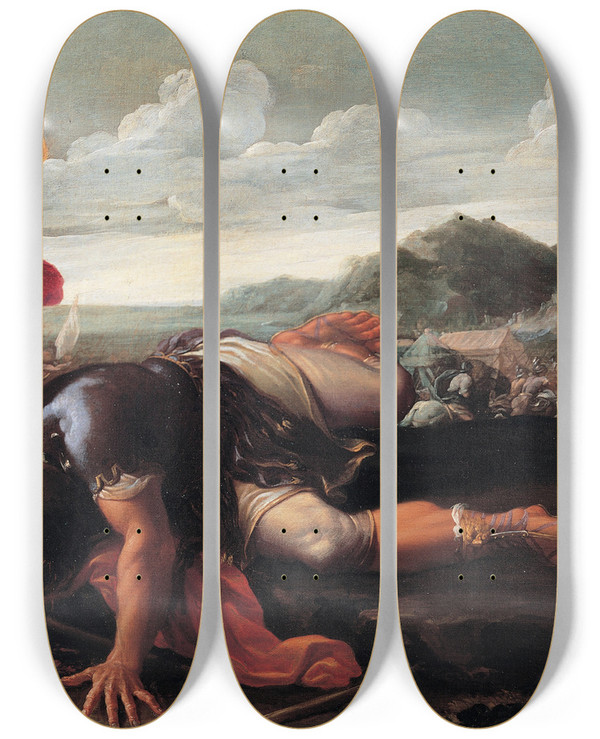 Triptych art skateboard deck of Guillaume Courtois David And Goliath by Guillaume Courtois (1628-1679)
