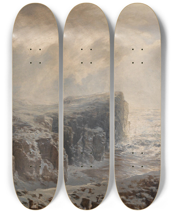 Triptych art skateboard deck of August Schaeffer Von Wienwald Schneesturm An Einer Nordischen Kste by August Schaeffer Von Wienwald (1833-1916)