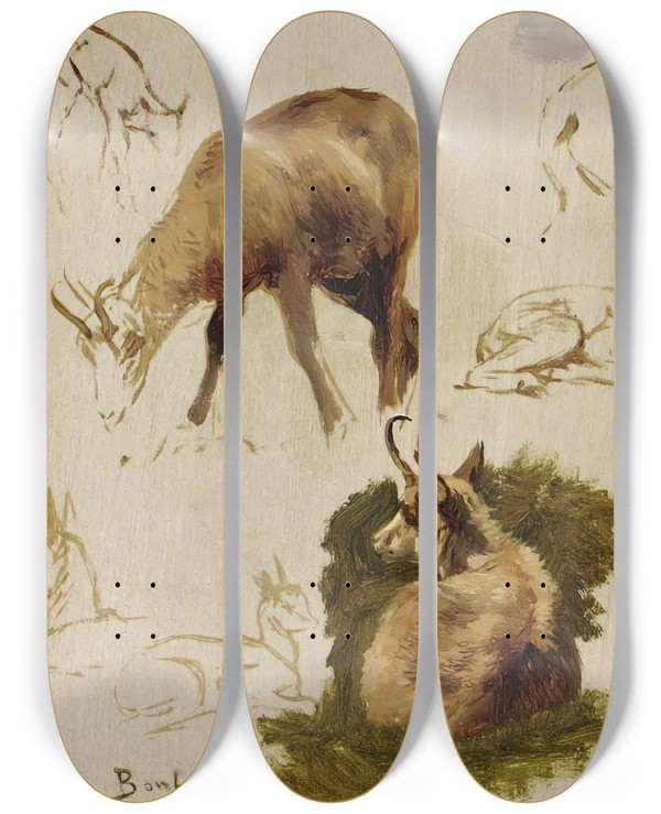 Triptych art skateboard deck of Rosa Bonheur Studies Of An Isard by Rosa Bonheur (1822-1899)