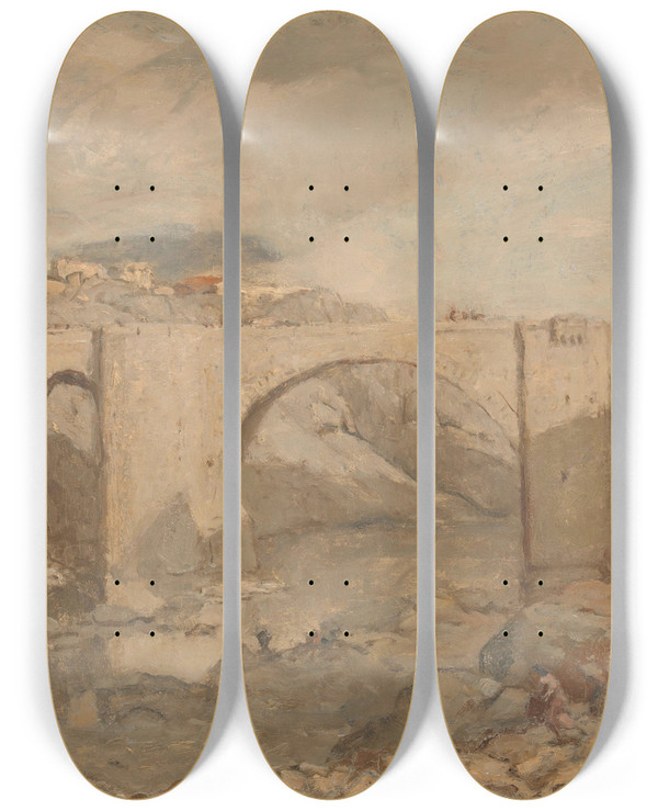 Triptych art skateboard deck of Marius Bauer Bridge Near Toledo by Marius Bauer (1867-1932)