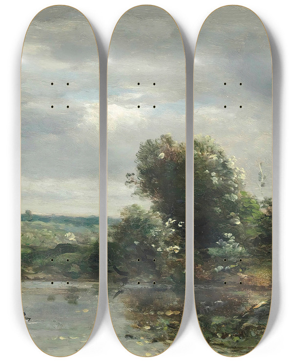 Triptych art skateboard deck of Charles Franois Daubigny Ducklings On A Lake by Charles Francois Daubigny (1817-1878)