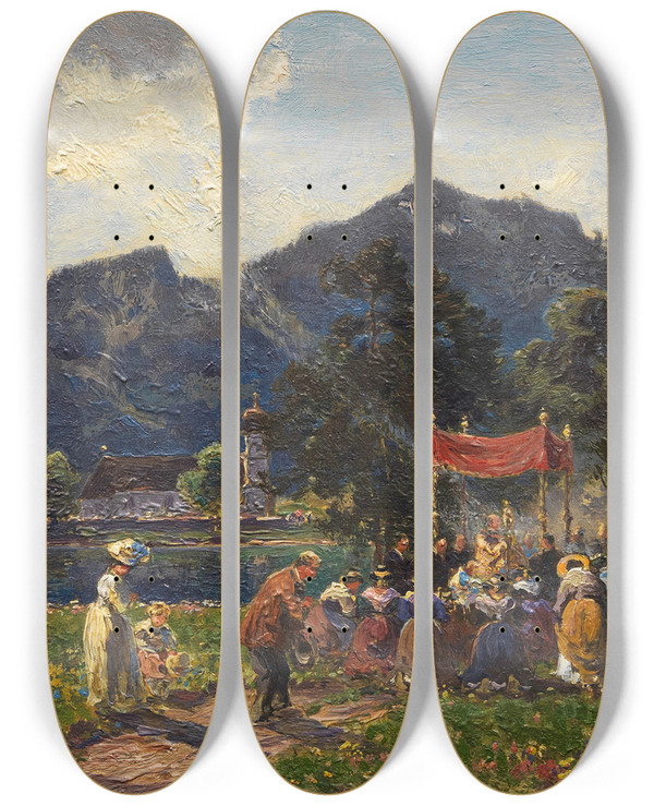 Triptych art skateboard deck of Joseph Wopfner Prozession Am Walchensee by Joseph Wopfner (1843-1927)