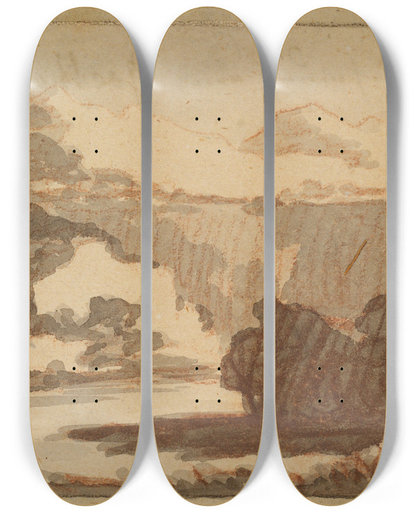 Triptych art skateboard deck of Johann Wolfgang Von Goethe Gebirgslandschaft Mit Einem Flu Im Vordergrund by Johann Wolfgang Von Goethe (1749-1832)