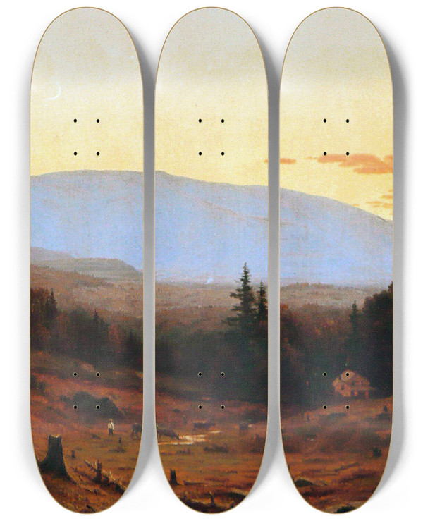Triptych art skateboard deck of Sanford Robinson Gifford Hunter Mountain Twilight by Sanford Robinson Gifford (1823-1880)