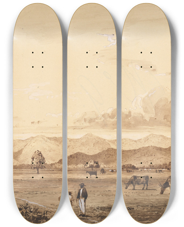 Triptych art skateboard deck of Michel Jean Cazabon Queens Park And Mountains by Michel Jean Cazabon (1813-1888)