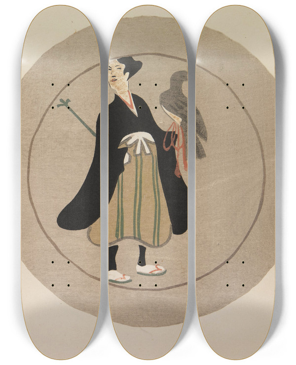 Triptych art skateboard deck of Asai Ch Mokugo Zuansh Pl19 by Asai Ch (1856-1907)