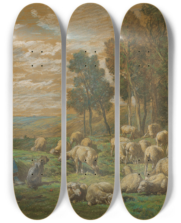 Triptych art skateboard deck of Charles Emile Jacque The Shepherdess by Charles Emile Jacque (1813-1894)
