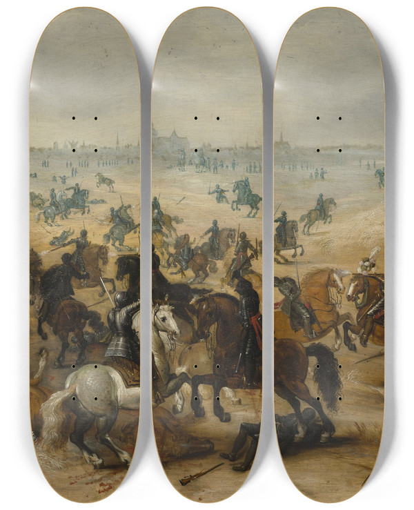 Triptych art skateboard deck of Peter Snayers Battle On Vught Heath by Peter Snayers (1592-1667)