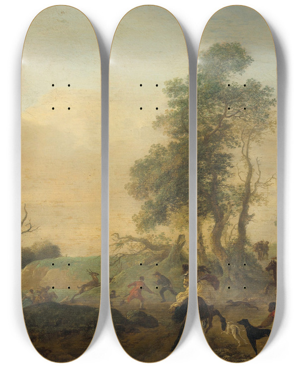 Triptych art skateboard deck of Philips Wouwerman A Stag Hunt by Philips Wouwerman (1619-1668)
