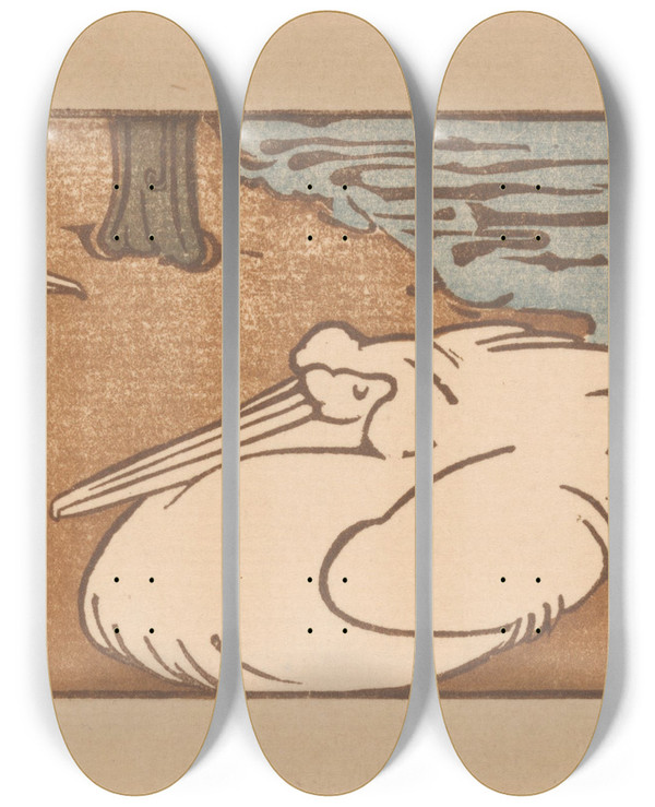 Triptych art skateboard deck of Reinier Willem Petrus De Vries Twee Pelikanen Aan De Waterkant_1 by Reinier Willem Petrus De Vries (1874-1952)