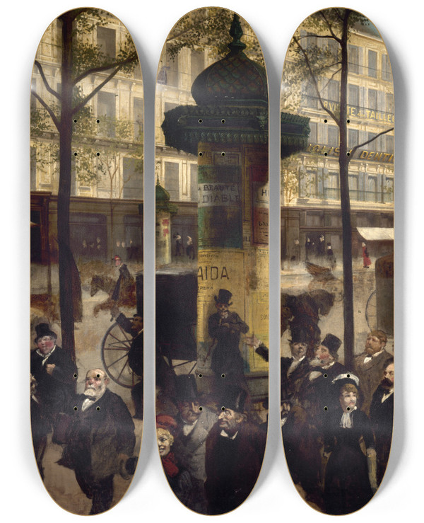 Triptych art skateboard deck of Andr Gill Esquisse Pour Un Panorama Du Boulevard Montmartre Anim Des Personnalits Parisiennes Contemporaines by Andre Gill (1840-1885)