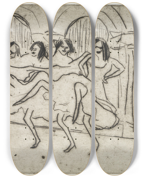 Triptych art skateboard deck of Ernst Ludwig Kirchner Sechs Tnzerinnen Vor Bogendekoration by Ernst Ludwig Kirchner (1880-1938)