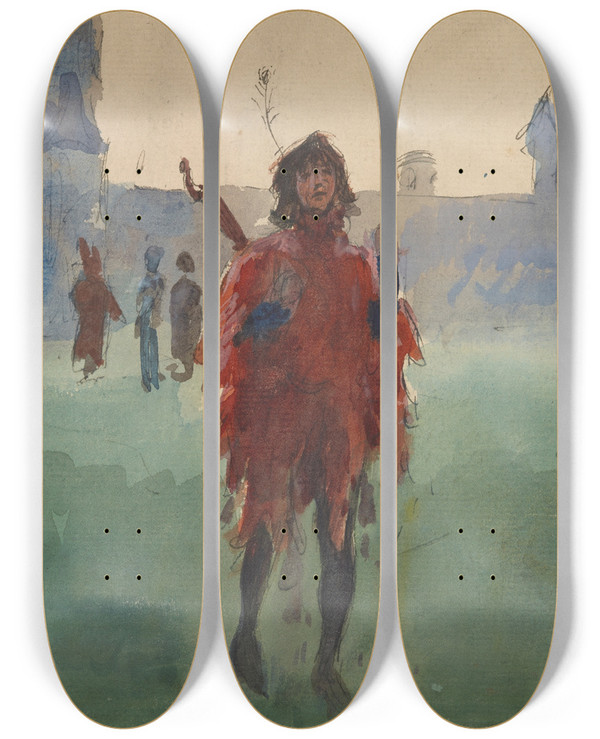 Triptych art skateboard deck of Edwin Austin Abbey Study For Wandering Minstrel Oilpainting_2 by Edwin Austin Abbey (1852-1911)