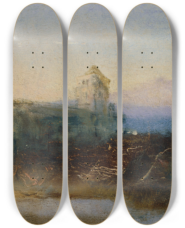 Triptych art skateboard deck of Anton Romako Landschaft Mit Burg by Anton Romako (1832-1889)