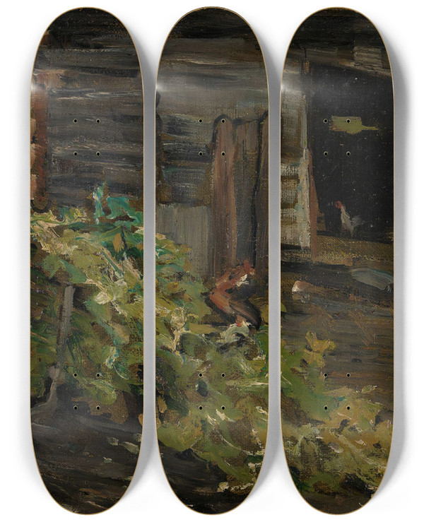 Triptych art skateboard deck of Gerhard Munthe The Sledge by Gerhard Munthe (1849-1929)