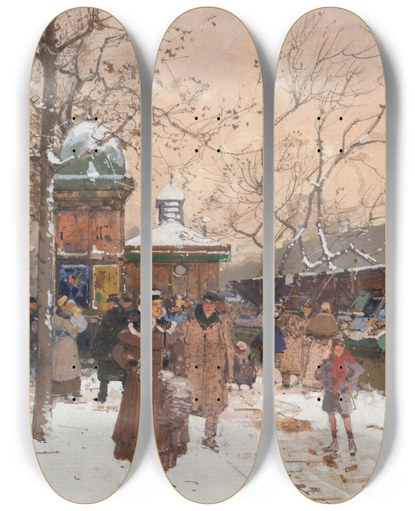 Triptych art skateboard deck of Eugne Galienlaloue Quai De La Mgisserie Sous La Neige by Eugene Galien Laloue (1854-1941)
