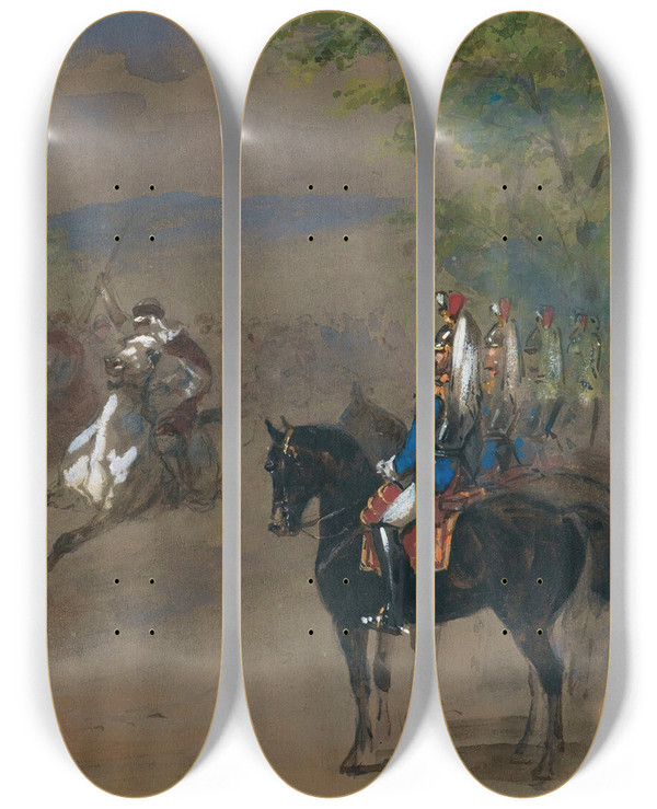 Triptych art skateboard deck of Nikolai Egorovich Sverchkov Parade by Nikolai Egorovich Sverchkov (1817-1898)