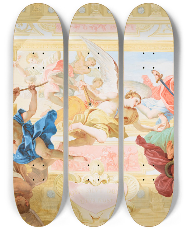 Triptych art skateboard deck of Johann Peter Krafft Engelssturz by Johann Peter Krafft (1780-1856)