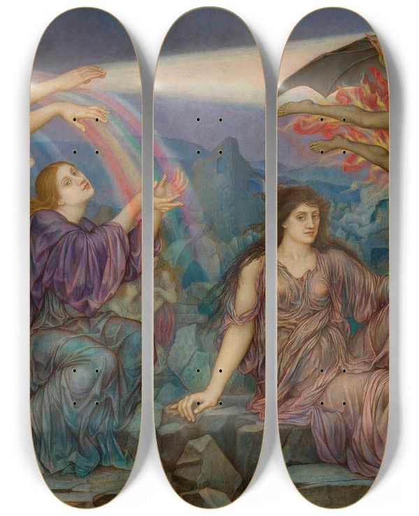 Triptych art skateboard deck of Evelyn De Morgan The Searchlight by Evelyn De Morgan (1855-1919)