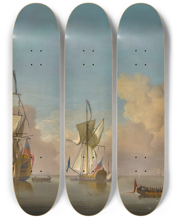 Triptych art skateboard deck of Peter Monamy The Evening Gun Menowar And Barges In A Calm Sea by Peter Monamy (1681-1749)