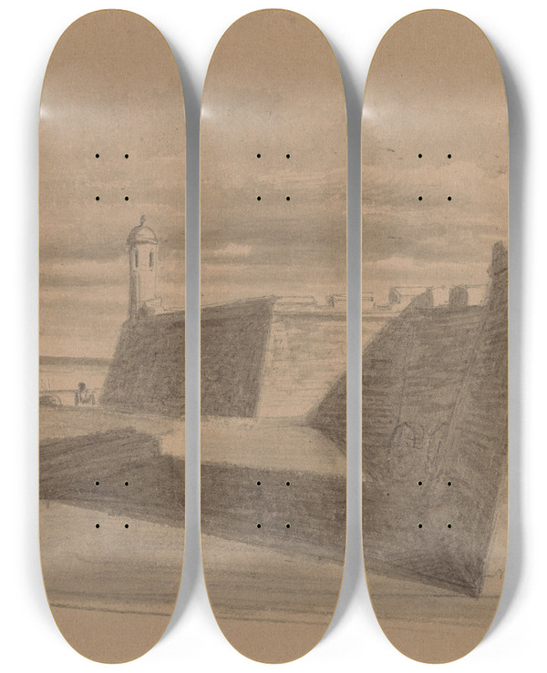 Triptych art skateboard deck of James Wells Champney Moat At Fort Marion Florida by James Wells Champney (1843-1903)