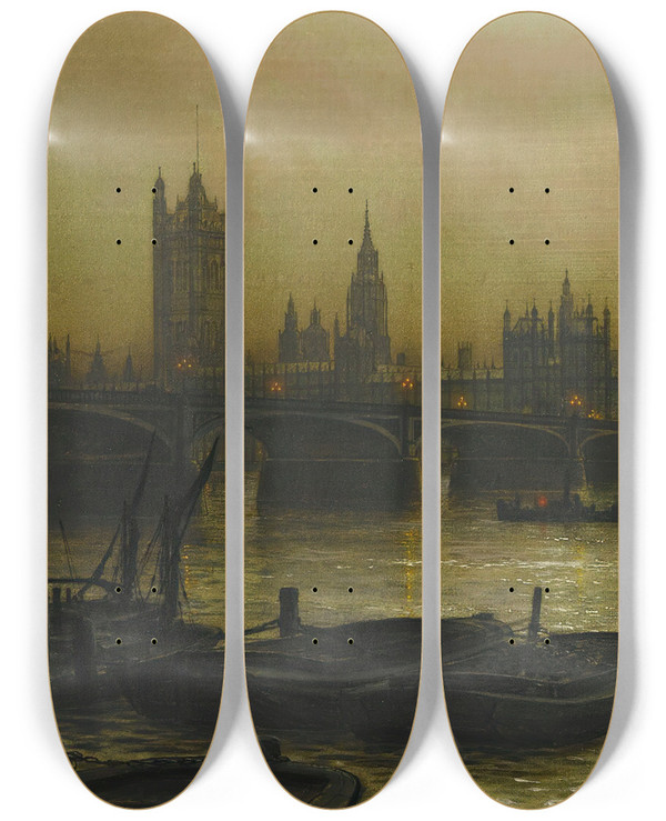 Triptych art skateboard deck of Louis Grimshaw Westminster Bridge With The Houses Of Parliament by Louis Grimshaw (1870-1943)