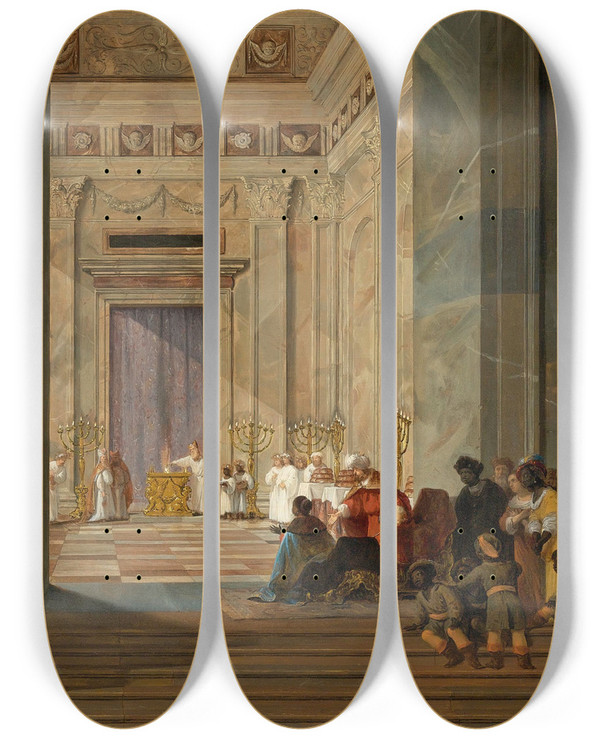 Triptych art skateboard deck of Salomon De Bray The Queen Of Sheba Before The Temple Of Solomon In Jerusalem by Salomon de Bray (1597-1664)