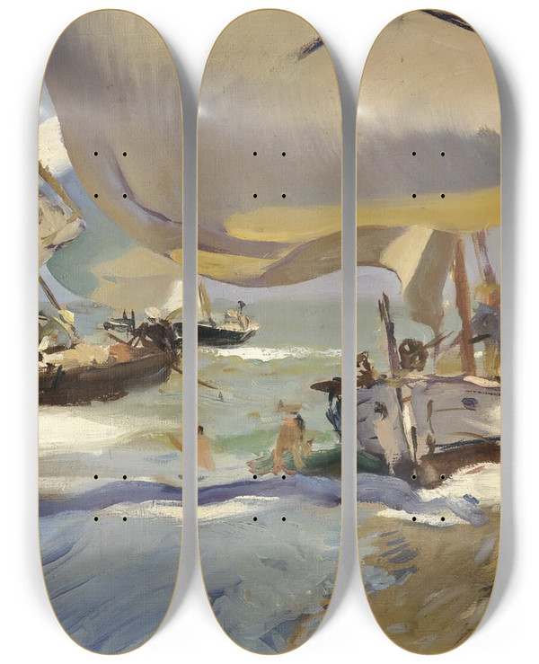 Triptych art skateboard deck of Joaqun Sorolla Boats On The Shore by Joaquin Sorolla (1863-1923)