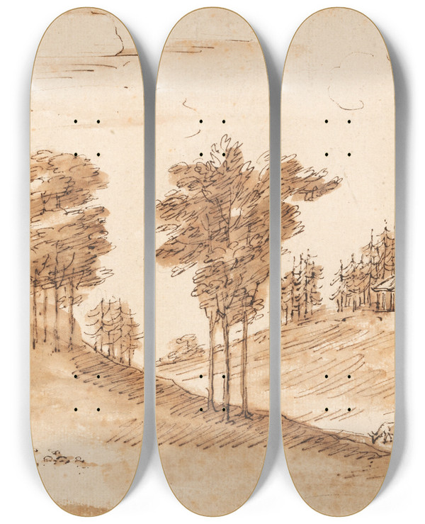 Triptych art skateboard deck of William Kent Design For A Pavilion In A Deer Park_2 by William Kent