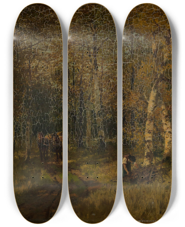Triptych art skateboard deck of Hermann Baisch Waldinneres Im Herbst by Hermann Baisch (1846-1894)